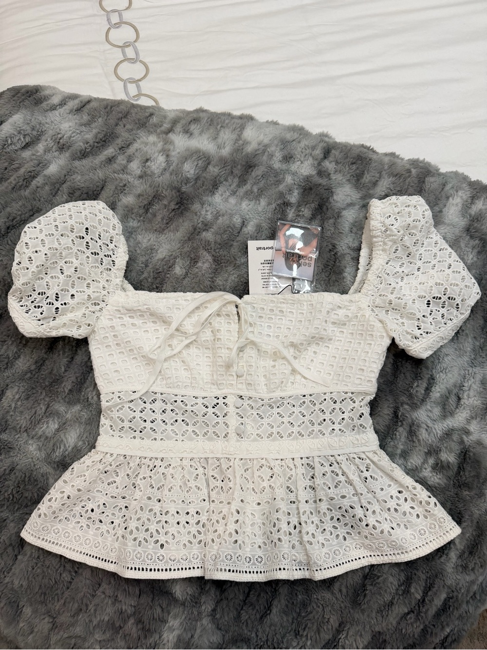 Self-Portrait White Eyelet Puff-Sleeve Peplum Top